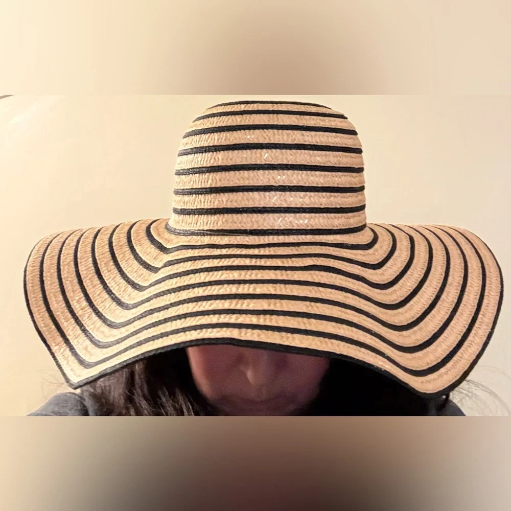 a.n.a. Striped Tan and Black Wide Brim Floppy Sun Hat NWT
